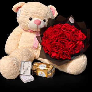 Coffret Amour Prestige  Ours, Roses Rouges & Chocolats Luxe